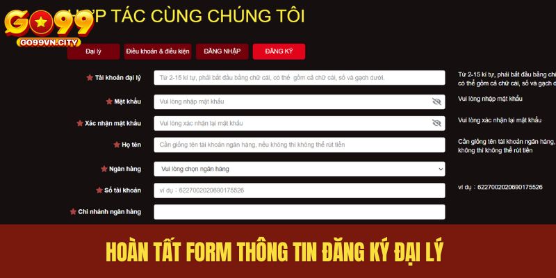 Hoàn tất form thông tin đăng ký đại lý